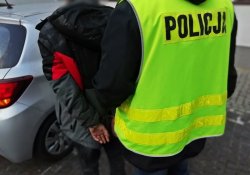 Na zdjęciu policjant w kamizelce odblaskowej z napisem POLICJA wprowadza zatrzymanego mężczyznę, który na rękach ma kajdanki do radiowozu.