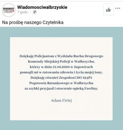 Podziękowania w formie screenu z portalu Wiadomosciwalbrzyskie.pl
