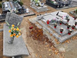 Na zdjęciu widoczne są  kolejna zniszczone nagrobki na cmentarzu w miejscowości Luboszyce