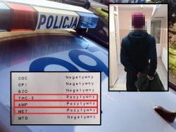 Zdjęcie złożone jest z 3 zdjęć. Na jednym znajduje się radiowóz, na drugim zatrzymany mężczyzna a na trzecim pozytywny wynik na obecność narkotyków.