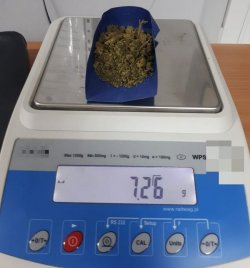 Za zdjęciu susz marihuany znajdujący się na wadze wskazującej wartość 7,26.