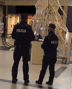 Na zdjęciu policjant i policjantka w centrum handlowym przeprowadzają kontrole.