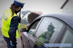 policjantka przy zatrzymanym samochodzie do kontroli