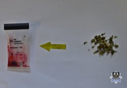 Na zdjęciu marihuana w woreczku oraz tester narkotykowy pokazujący wynik obecności narkotyków.