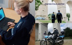 zdjęcie podzielone jest na trzy części, na jednej widać policjantkę siedzącą przy biurku i prowadzącą zajęcia zdalnie, na drugiej widać policjantów w patrolu na tle budynków miasta a na trzeciej widać policjanta na motocyklu