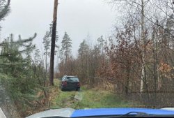 na zdjęciu widać stojący w lesie samochód osobowy oraz fragment maski radiowozu