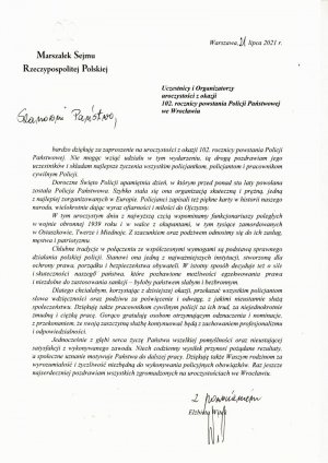 Treść listu od Marszałek Sejmu Rzeczypospolitej Polskiej