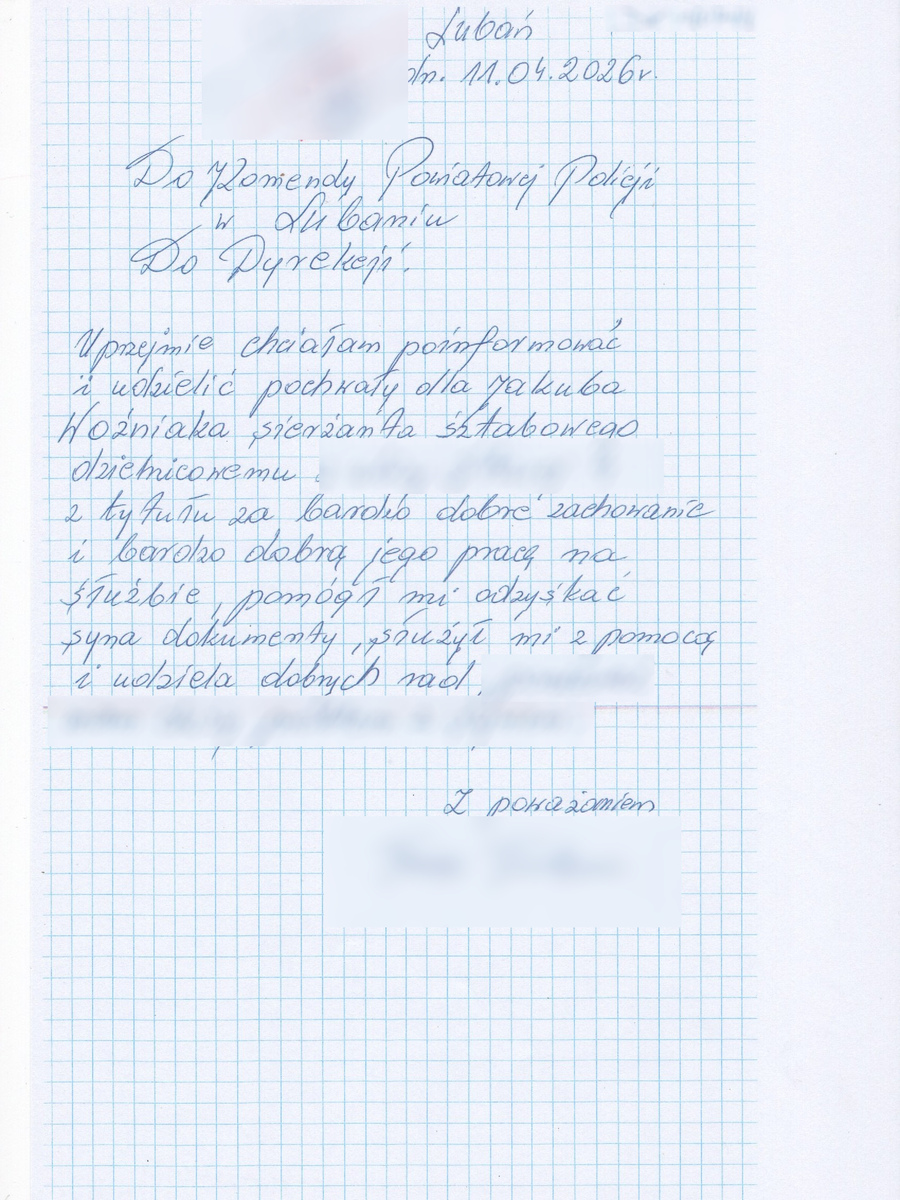 Podziękowania dla dzielnicowego z Lubania za udzieloną pomoc i wsparcie